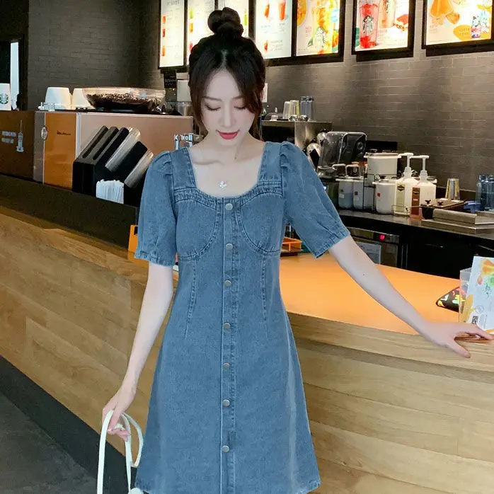 

Summer 2021 Large Size Slim and Foreign Style Age Reducing Denim Dress Fat Mm Bubble Sleeve Square Neck Cover Belly A-line Skirt