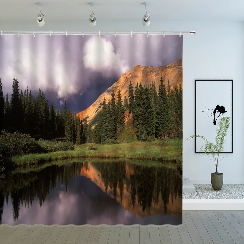 

Natural Landscape Pattern Shower Curtains Mountains and Lakes Scenery Bathroom Decor Polyester Cloth Hanging Curtain Set Cheap
