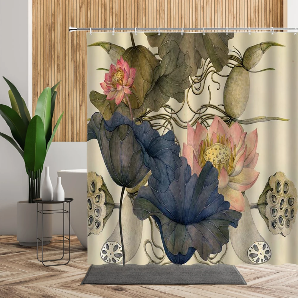 

Lotus Shower Curtain Blooming Floral Leaves Plant Ink Painting Retro Flowers Backdrop Romantic Nature Art Bathroom Bath Curtains