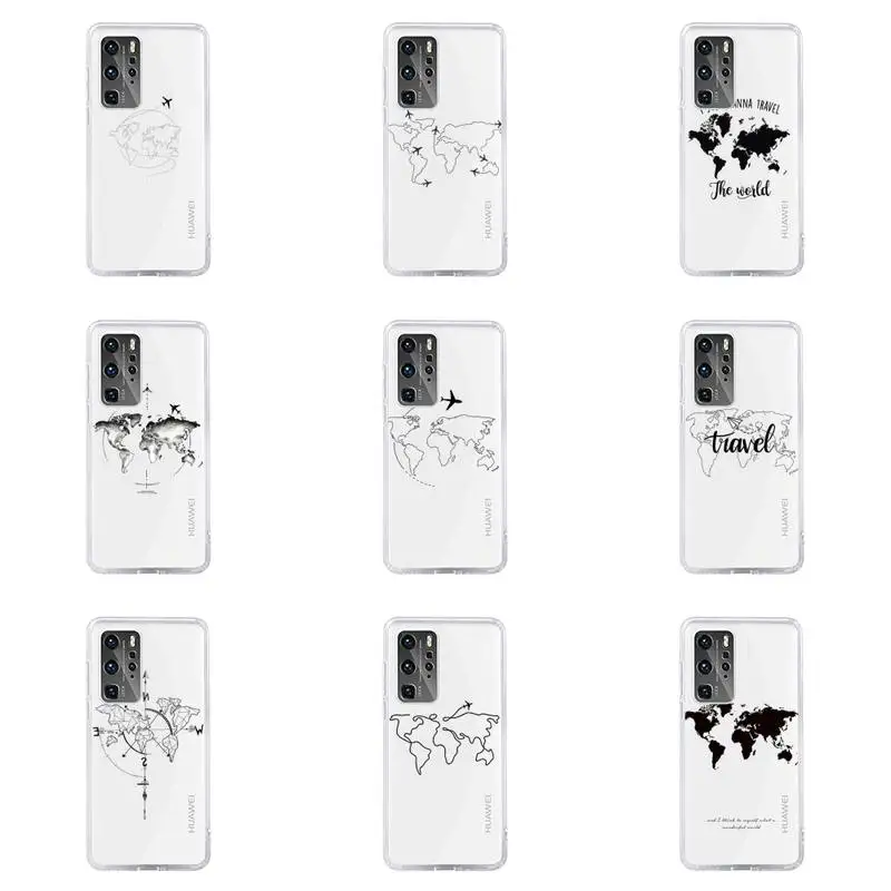 

world map travel line Phone Case Transparent For Huawei Mate P honor 10 9 8 7 plus lite play 3 RS a T pro Soft TPU Mobile bags