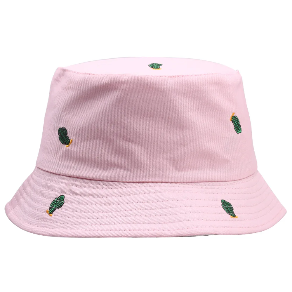 

New Cactus Embroidery Double-Sided Bucket Hats For Women And Men Sun Fishing Summer Girls Panama Caps Black Pink Fisherman's Hat