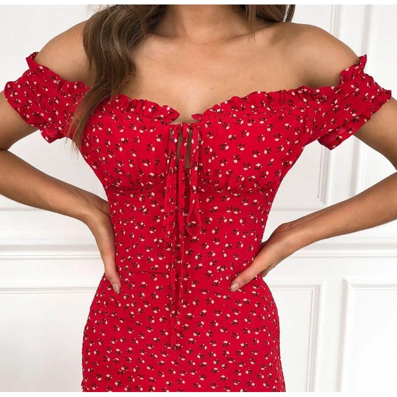 Женское летнее мини платье с открытыми плечами и цветочным принтом|Женские