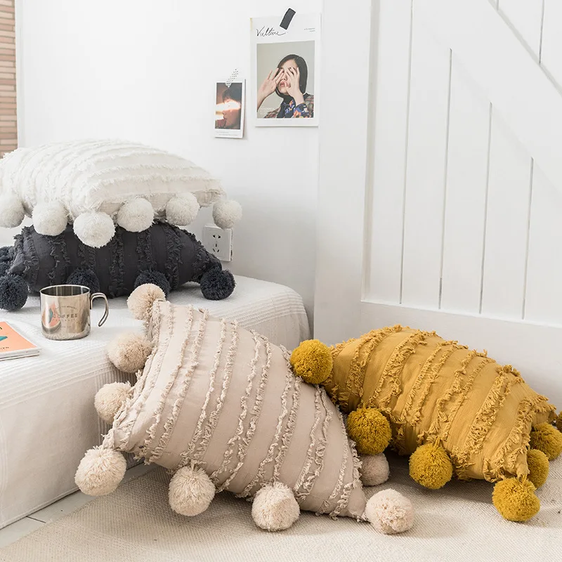 Чехол для подушки из хлопка и льна квадратная наволочка с кисточками слоновой