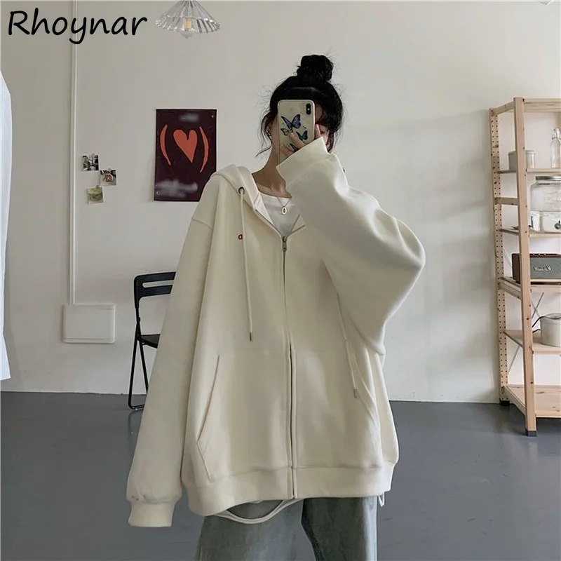 

With Hat Hoodies Women Zip Up All-match Fashion BF Long Sleeve Casual Draw String Tender Cozy Solid Loose College Chic Teens Ins