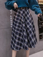 tigena autumn winter women skirt 2021 korean vintage plaid all match woolen belt a line high waist knee length skirt female lady