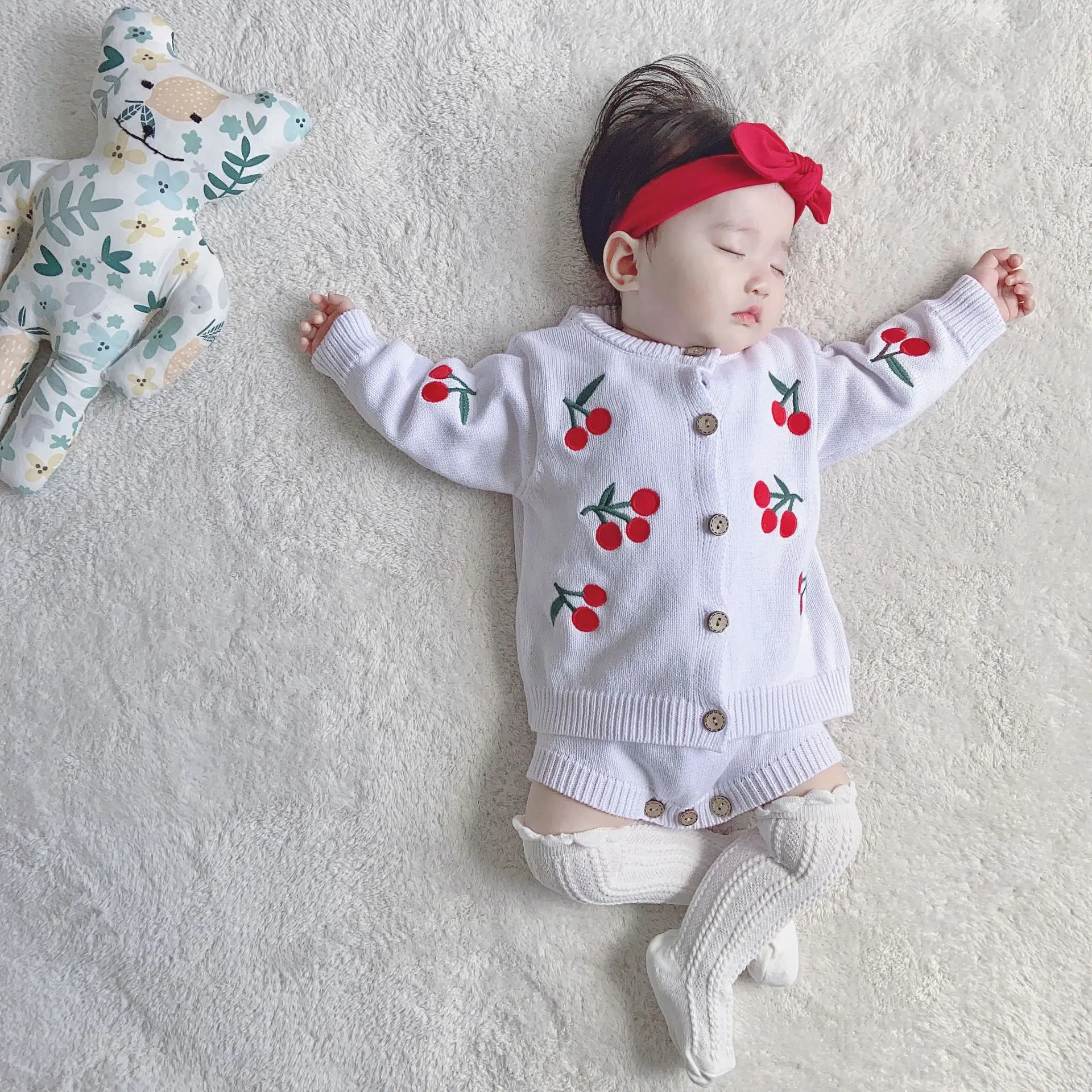 

Baby Girl Sets Autumn Knitted Cherry Romper Cardigan Suits Newborn Infant Kids Clothing Fashion Toddler Girl 2pcs High Quality