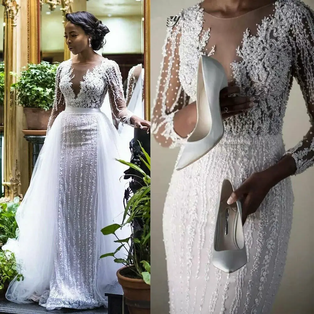

African Mermaid Lace Beaded Long Sleeves Wedding Dresses Detachable Train Custom 2023