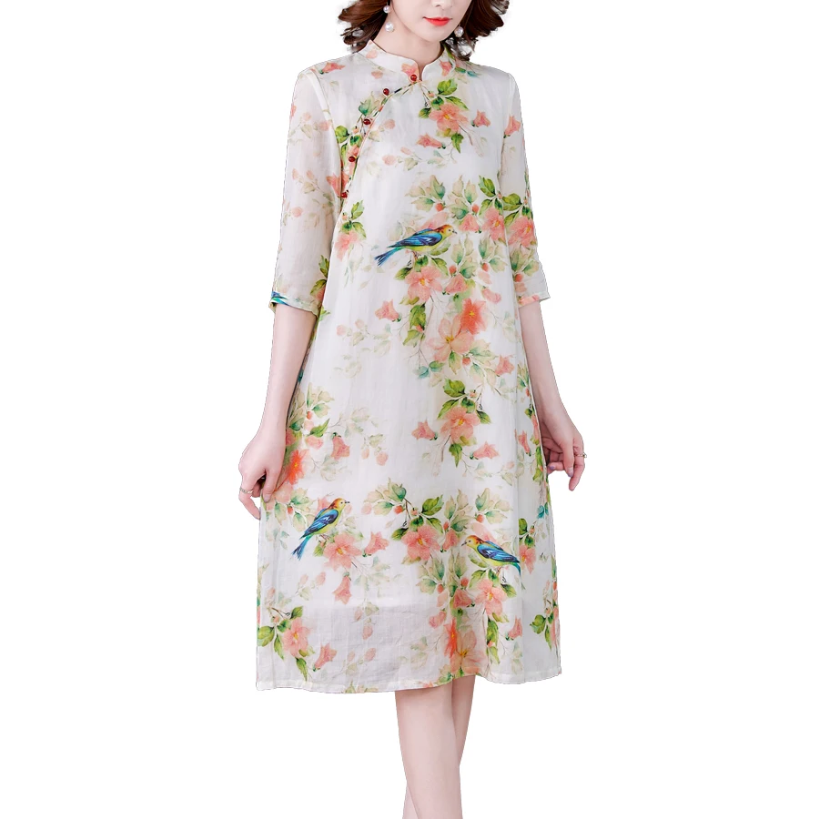 

New Spring Autumn Women Three Quarter Sleeve Slim Dress Sweet Flowers Print Chinese Style Improved Cheongsam Dress