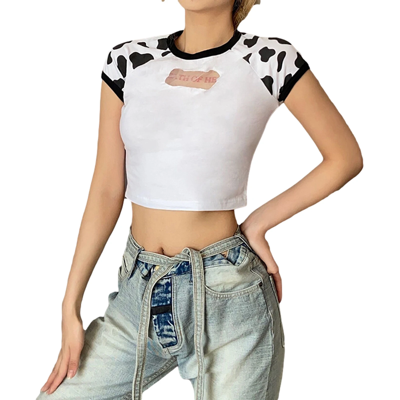 

Girls Summer Round Collar T-shirt, Ladies Fashionable Cow Print Raglan Short Sleeve Midriff-baring Top Slim Base Shirt