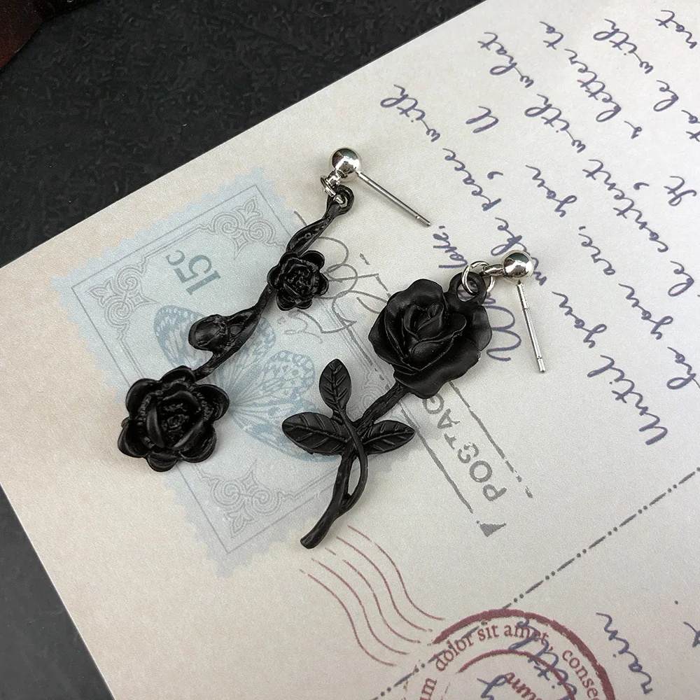 Gothic Jewelry Ornament Dark Goth Black Briar Rose Ear Stud Unglazed Club Rock Hip-Hop Asymmetry Dangle Earring | Украшения и