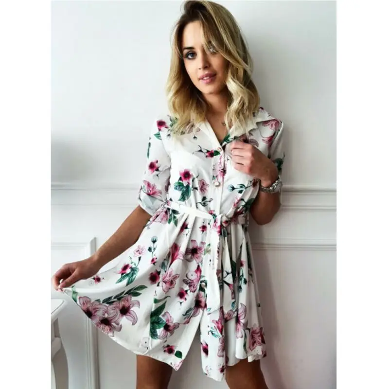 Женское летнее пляжное платье мини в стиле бохо с цветочным принтом