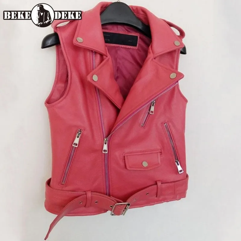 

Motorcycle Casual Sleeveless Women Sheepskin Vest Zipper Belted Slim Fit Short Waistcoat Genuine Leather Vest Outerwear Jacket