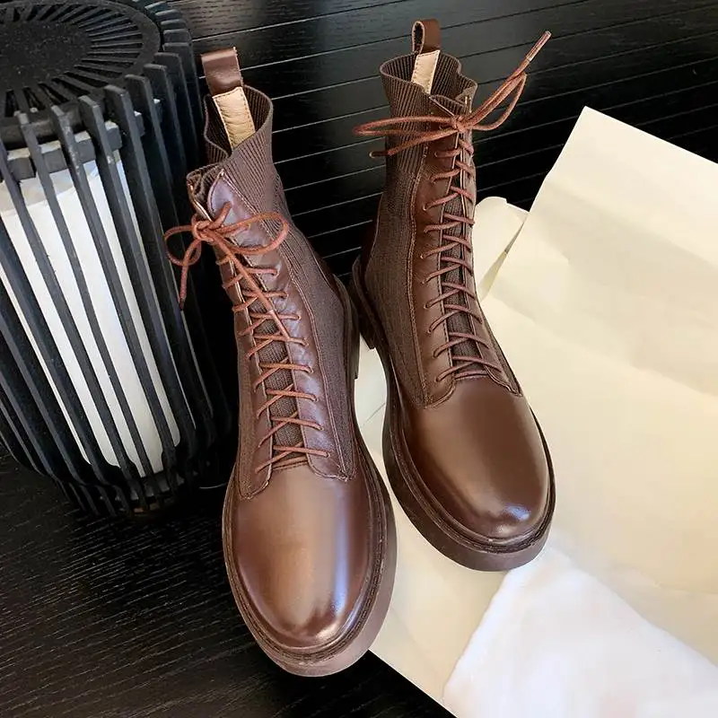 

Krazing Pot genuine leather low heel round toe lace up keep warm knitting Korean designer energy high quality mid-calf boots L25