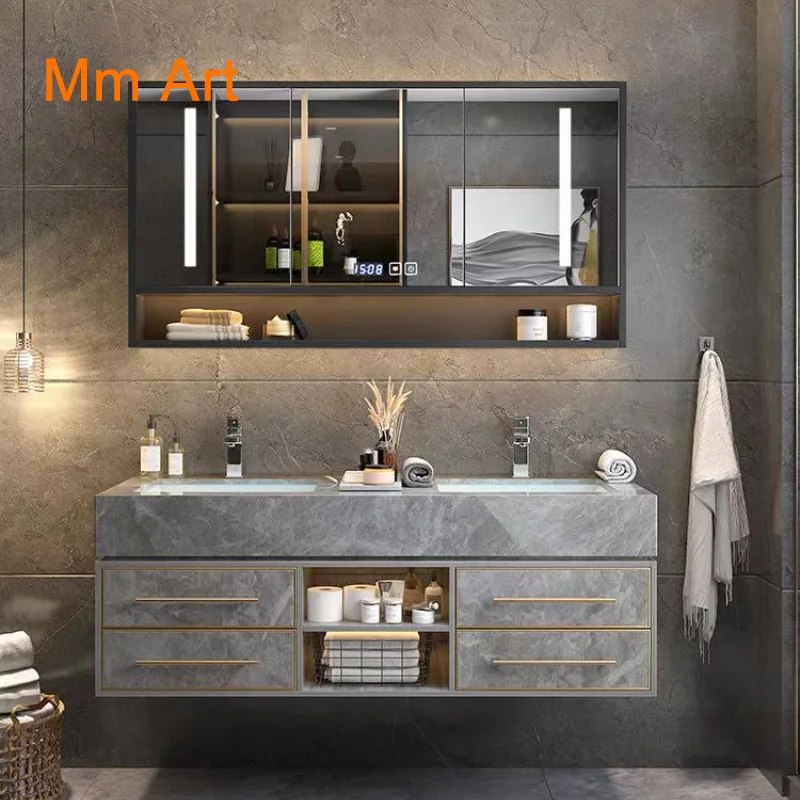 

Floating Marble Top Plywood Bathroom Vanity Unit With Double Sink