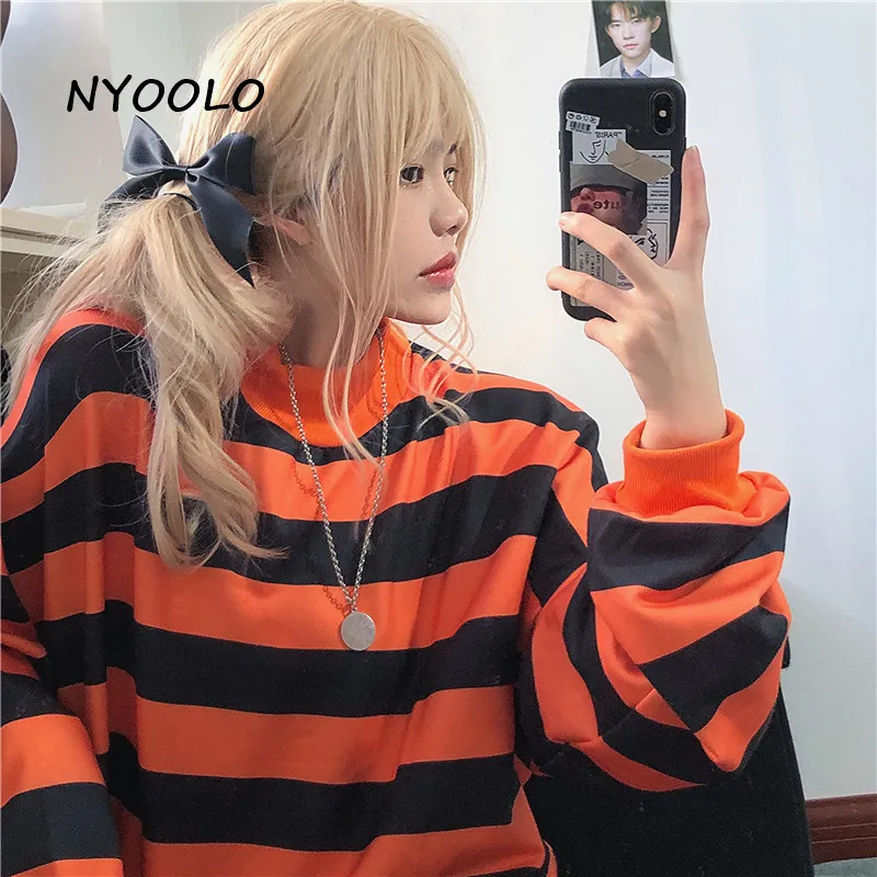 

NYOOLO Harajuku уличная одежда полосатая Водолазка с длинным рукавом плюс бархатные пуловеры Свитшот женский топ зимняя теплая Толстовка Оверсай...