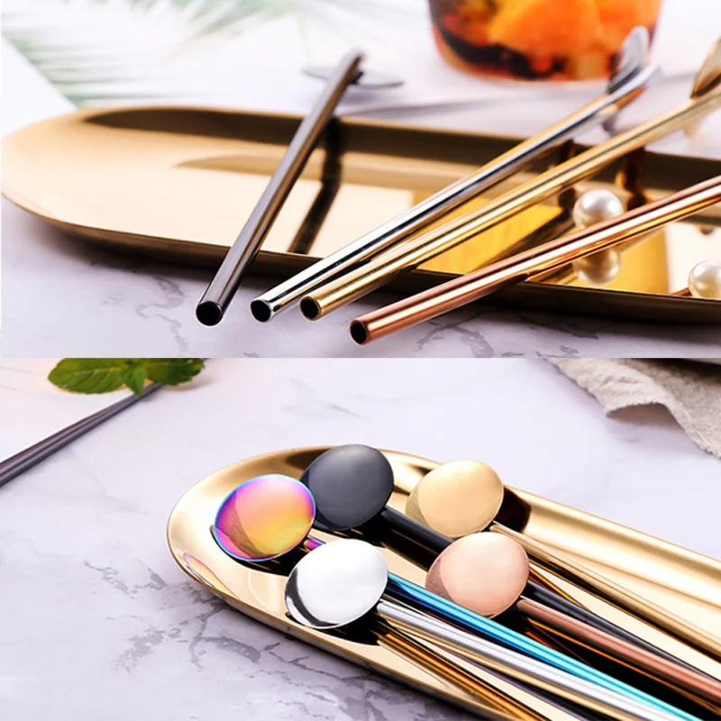 Stainless Steel Friendly Drinking Straw Spoon With Long Handle Milk Tea Spoon Kitchen Tableware Colorful Straw