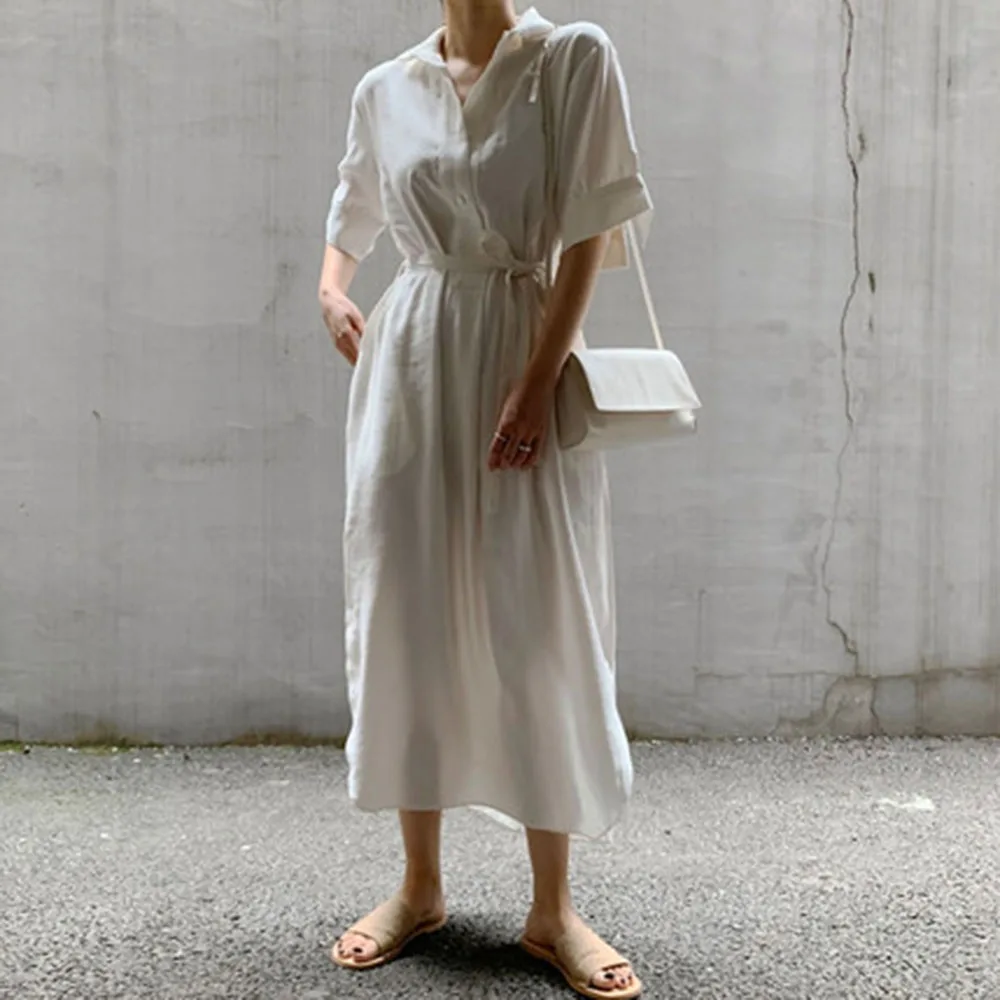 

2021 Japanese Style Korean Fashion Casual Solid Color Belt V-neck Summer Women's Dress Summer Loose Casual Hot Sale