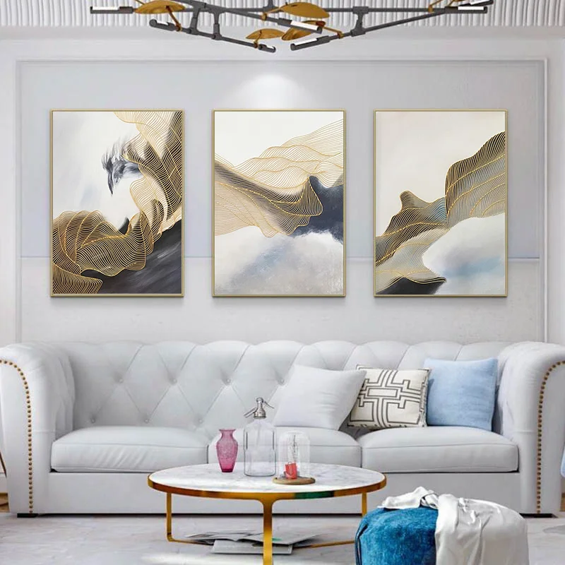 Beste 3 Stuks Gold Lijn Abstract Canvas Schilderij Wall Art Foto Voor Woonkamer Thuis Wall Decor Originele Textuur Quadro