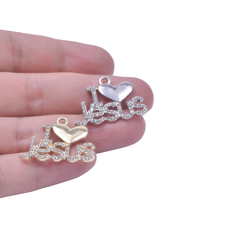 

10pcs/lot Crystal I Love Jesus Pendant Charms For Jewelry Making Supplies Heart Rhinestone Handmade Accessories Vintage Jewelry