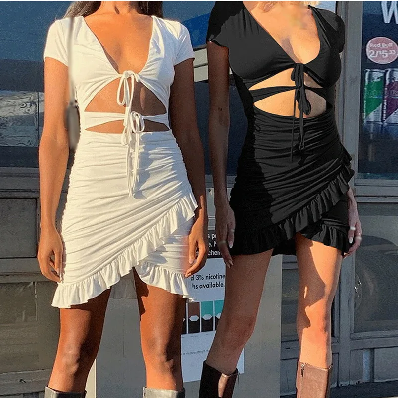 

Lace Up Deep V-Neck Ruched Bodycon Mini Dress Women 2021 Summer Hollow Out Ruffles Wrap Sundress Short Sleeve Beachwear Vestidos