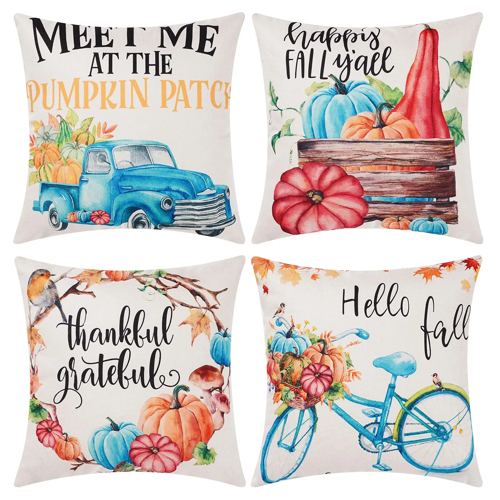 Голубая льняная наволочка с изображением грузовика велосипеда тыквы дивана