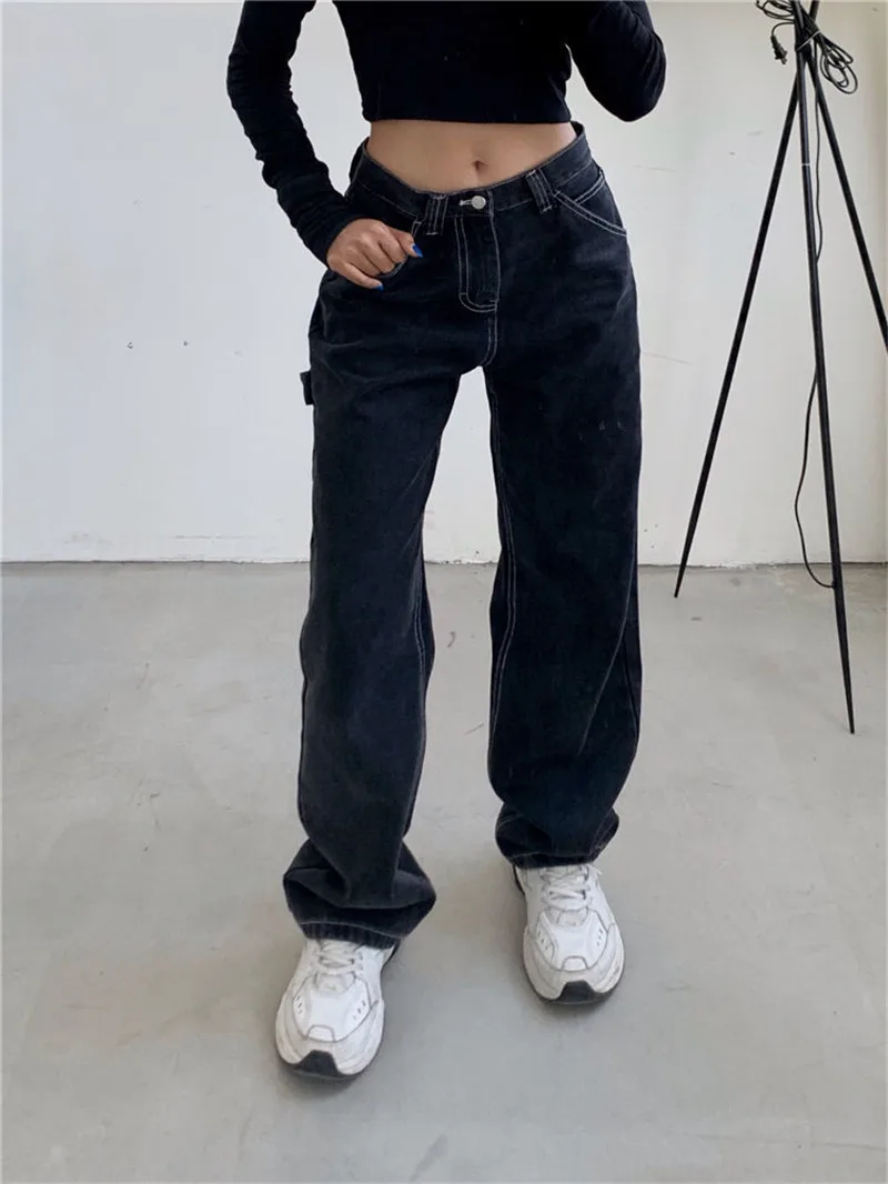 Джинсы женские прямые черные свободные с высокой талией и карманами | Женская