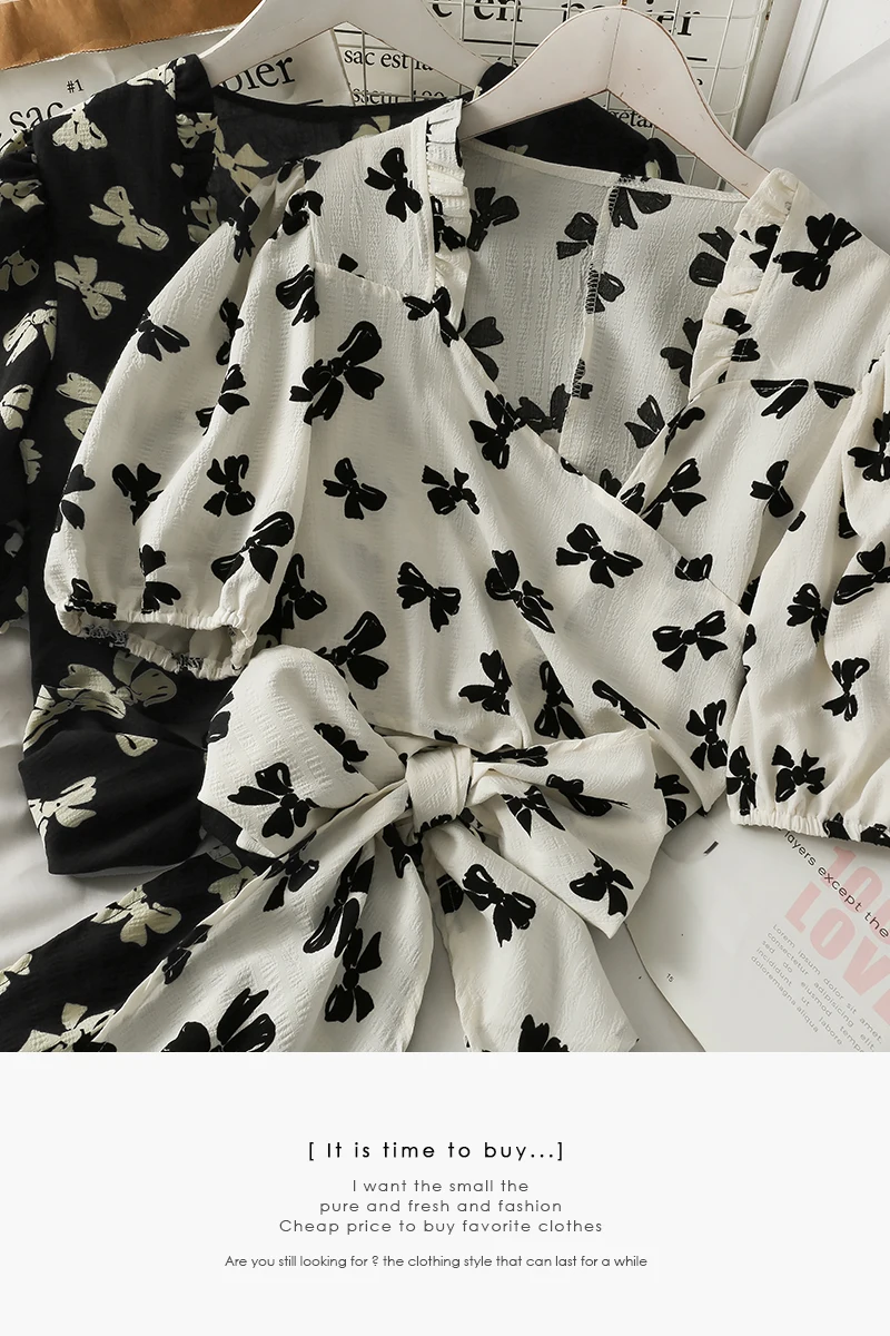 

2021 Summer front bow tie tie printing bubble sleeve tops women V-neck wrap blouses