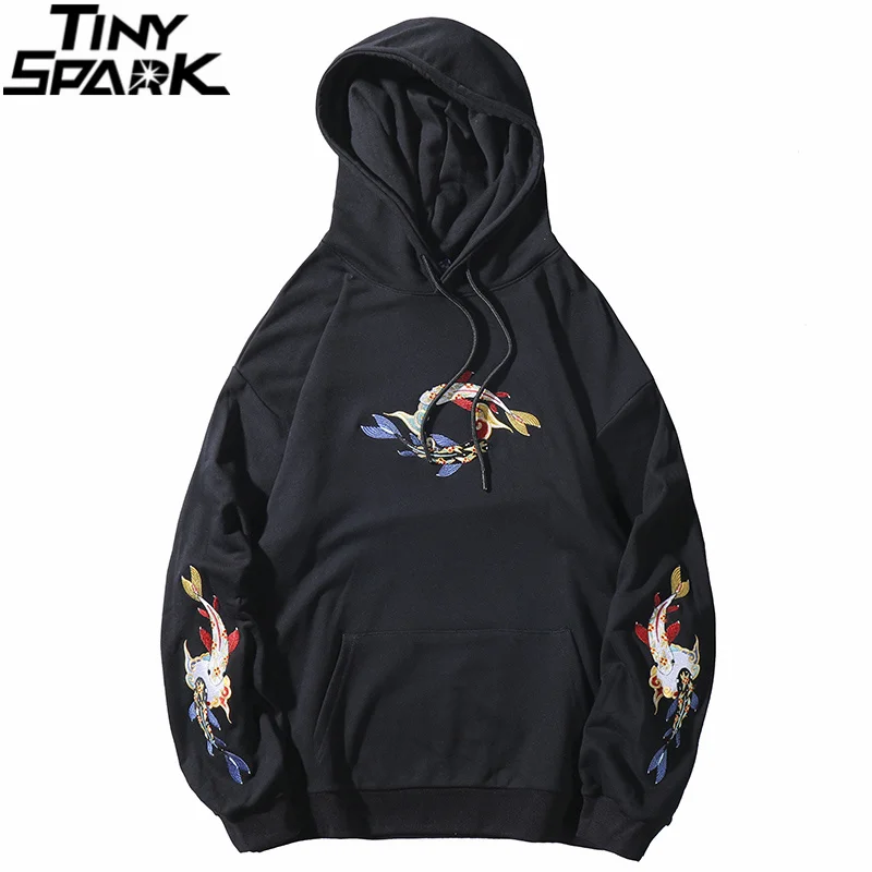 Мужская толстовка с капюшоном в стиле хип-хоп вышивкой Lucky Koi Fish Harajuku уличная