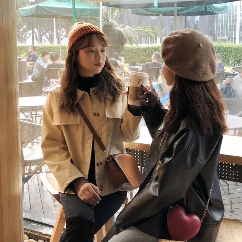 Куртка женская из искусственной кожи осенняя черная свободная 2020 | Женская