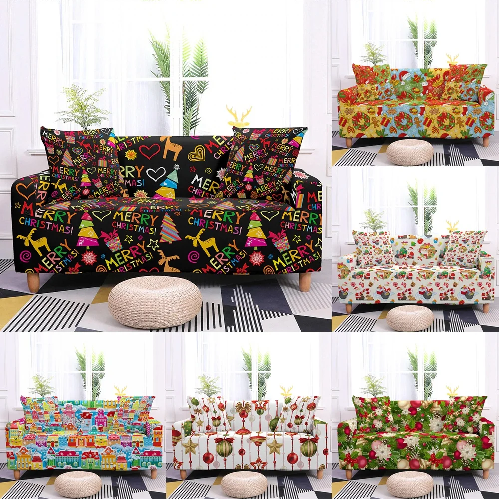 

Christmas Letter Elastic Sofa Cover For Living Room Xmas Ornaments Chaise Lounge Couch Covers Santa Claus Corner Sofa Slipcover