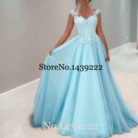 light blue evening dresses lace appliques pleat women saudi arabic special occasion mother formal party gown