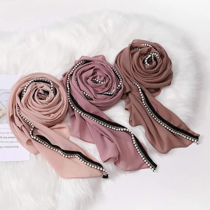 

Pearl Edge Pure Chiffon Muslim Shawls Hijabs Headband Wrap Long Head Scarf For Ladies Solid Pearls Hijabs