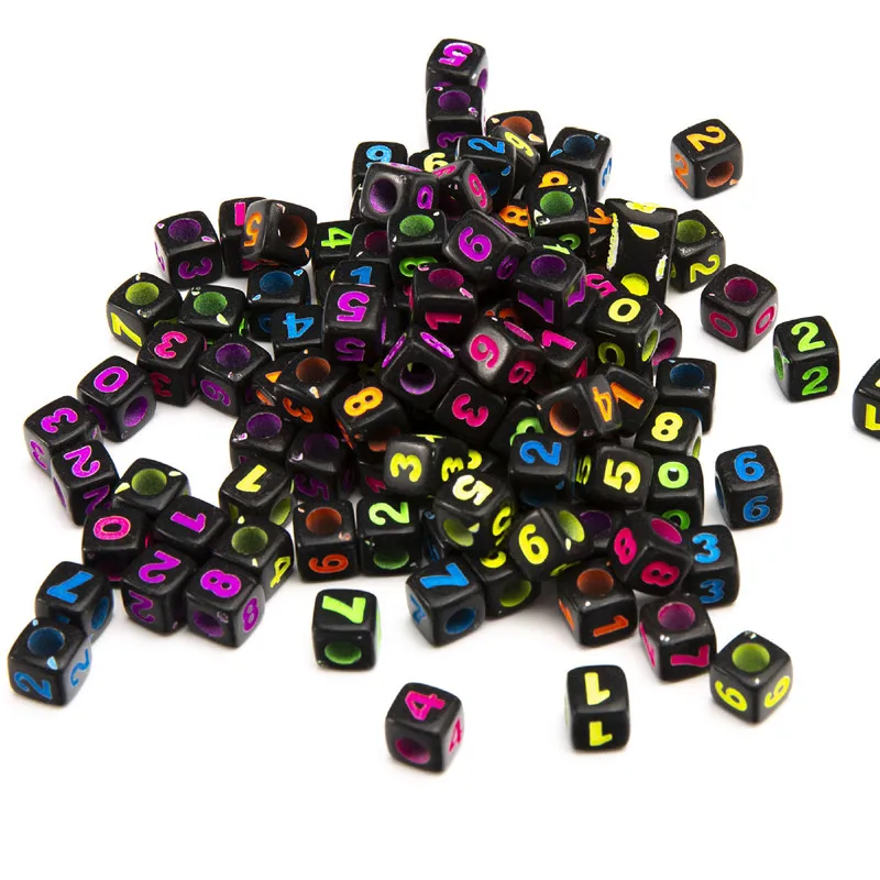 

Wholesale 1700pcs 7*7mm Cube Acrylic Numbers Beads Black with Neon Colors 0 1 2 3 4 5 6 7 8 9 Printing Jewelry Bracelet Spacers