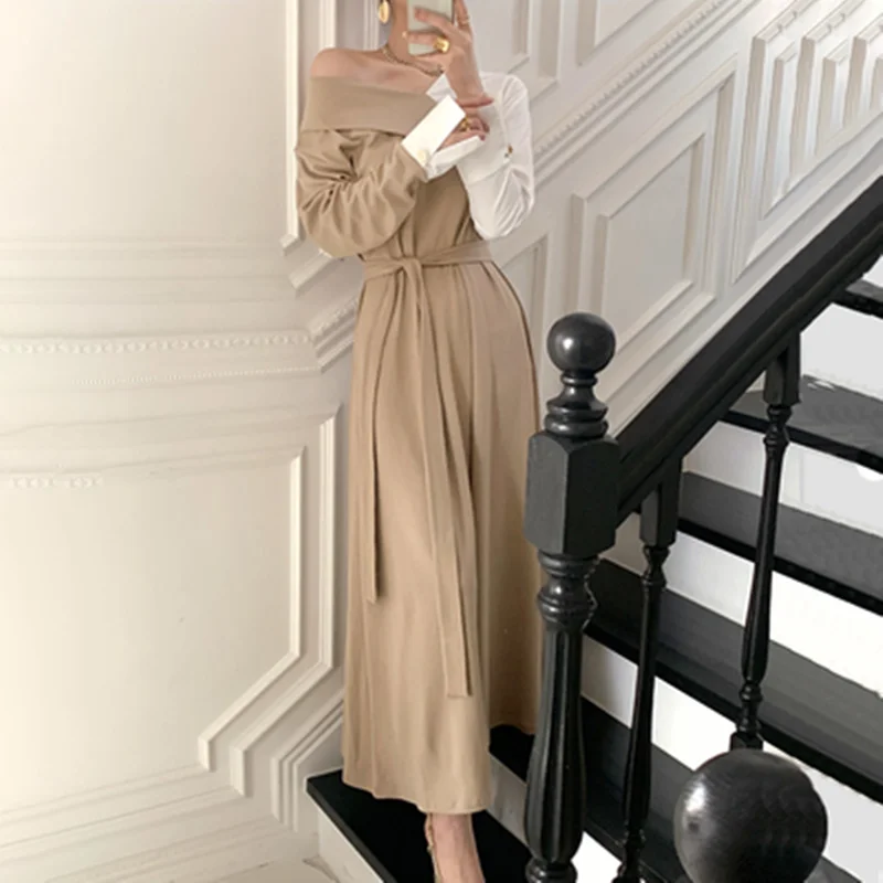 

V-Neck Elegant Color Patchwork Long Maxi Dress Women Spring Office Dress Off shoulder Long Sleeve Korean with Belt Vintage