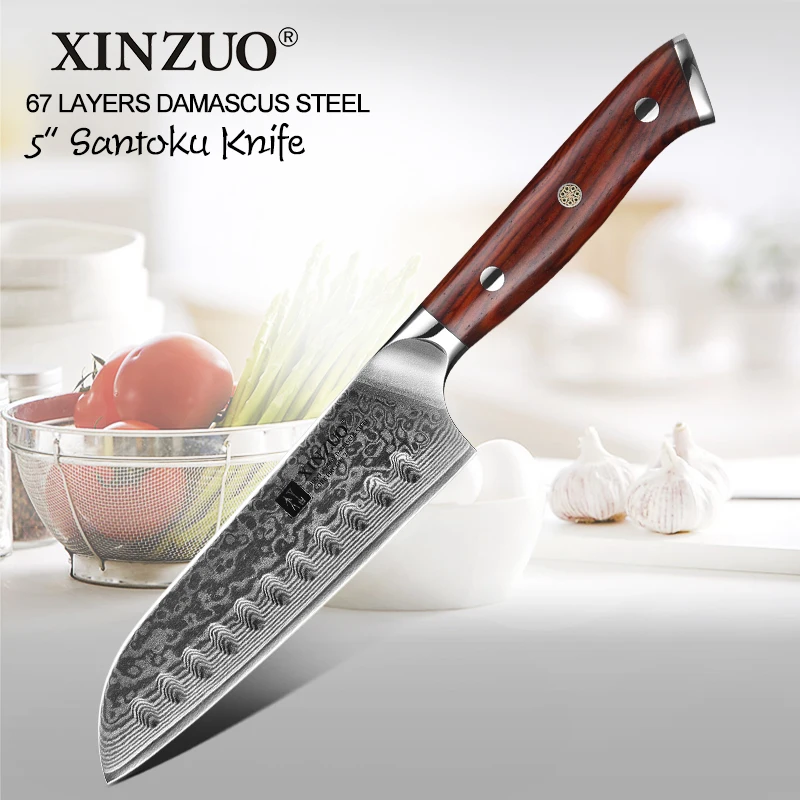 XINZUO 5 ''дюймовый нож Santoku 67 слоев Китай Дамасская сталь кухонные ножи Высокое качество барбекю нож с розовой деревянной ручкой