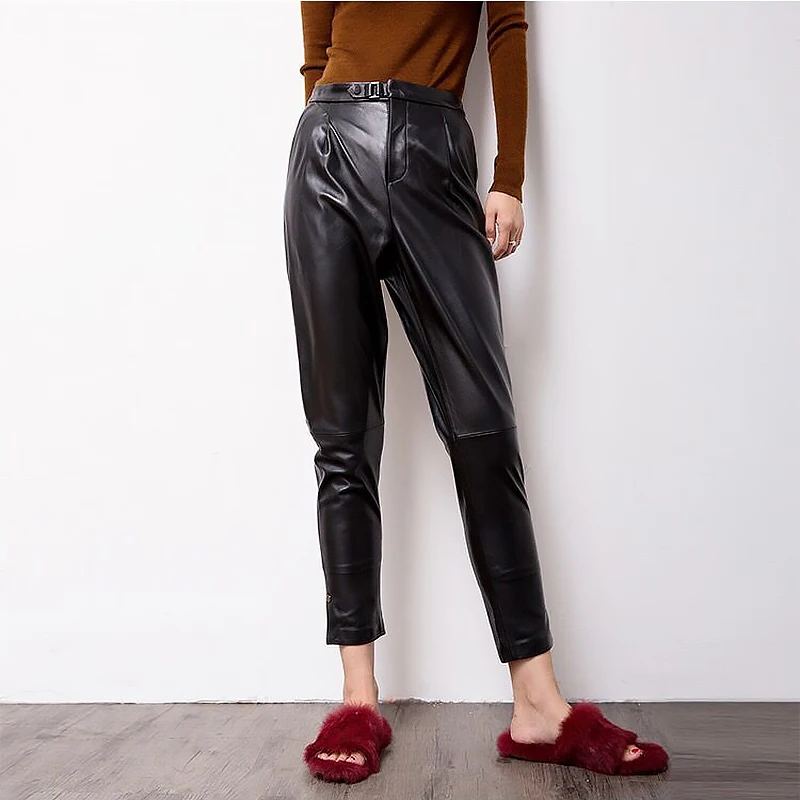 Women pants genuine sheep leather pants High waist black harem pants Elastic belt waist Trousers new fashion