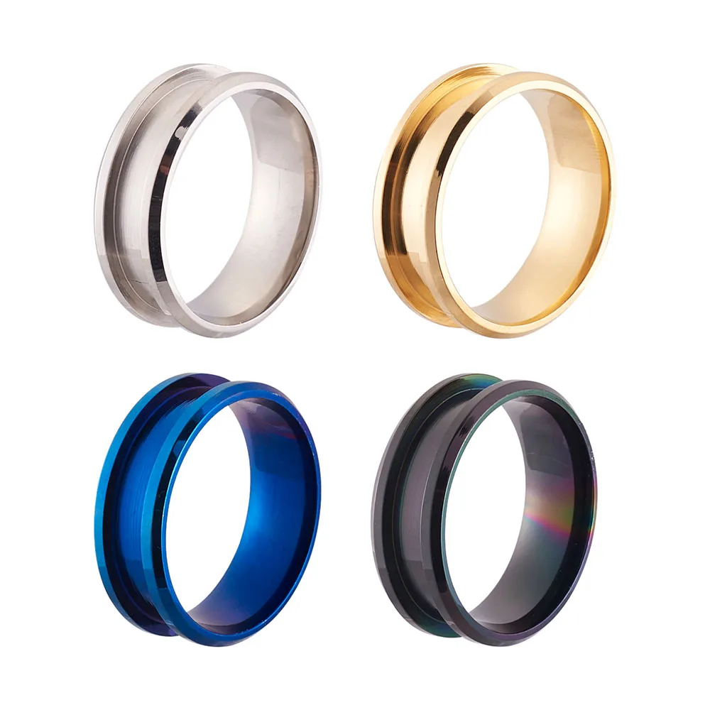 

4pcs Stainless Steel Grooved Finger Ring Settings Blank Core Size 10 for Inlay Ring Jewelry Making Blue/Black/Gold/Silver Color