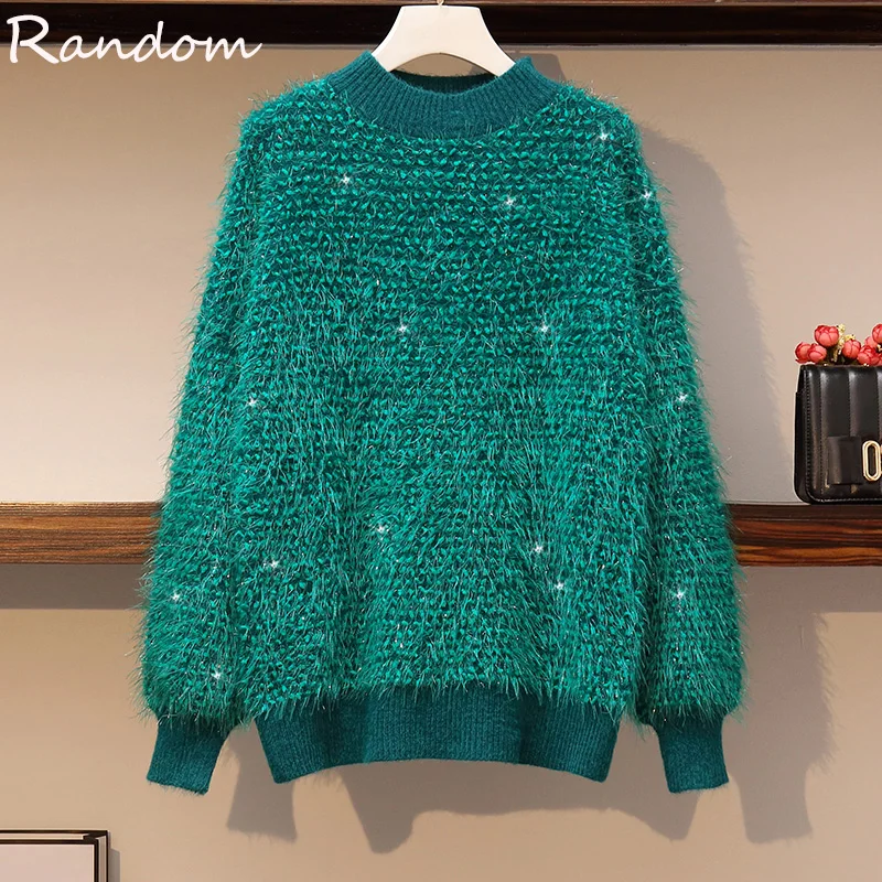 2020 Fall Winter Clothes Thick Cashmere Women Sequin Oversized Sweater Pullover Knitted Wool Ladies Jumper Plus Size 5XL Big Top | Женская