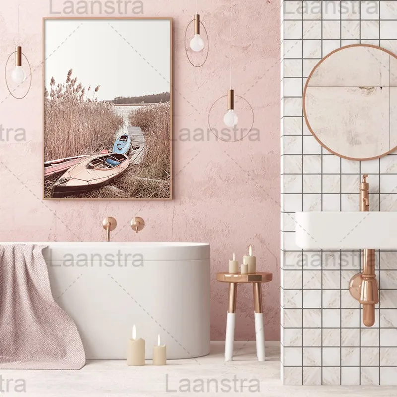 

Autumn Landscape Home Decoration Painting Withered Yellow Plants Weeds and Reeds Living Room Wall Art Canvas Poster Boat Prints