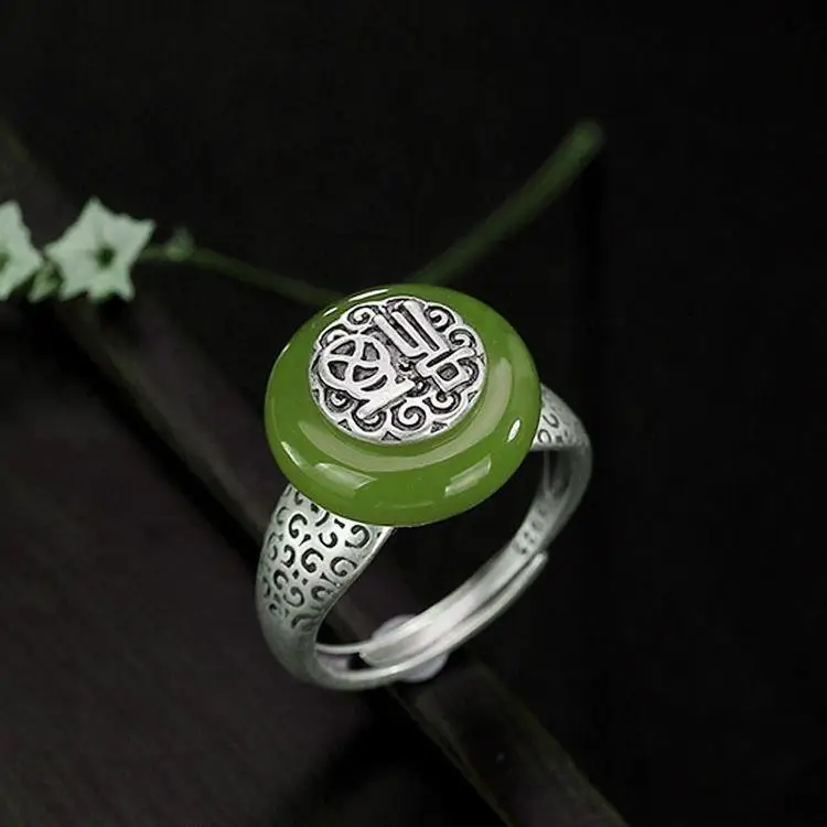 

Винтажное Открытое кольцо-Пряжка из серебра S925 пробы с зеленым нефритом