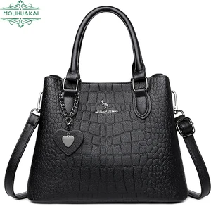 Women's Textured Alligator PU Leather Large Capacity Crossbody Bags Pure Color Wild Top-handle Bags Female Retro Shoulder Bag
