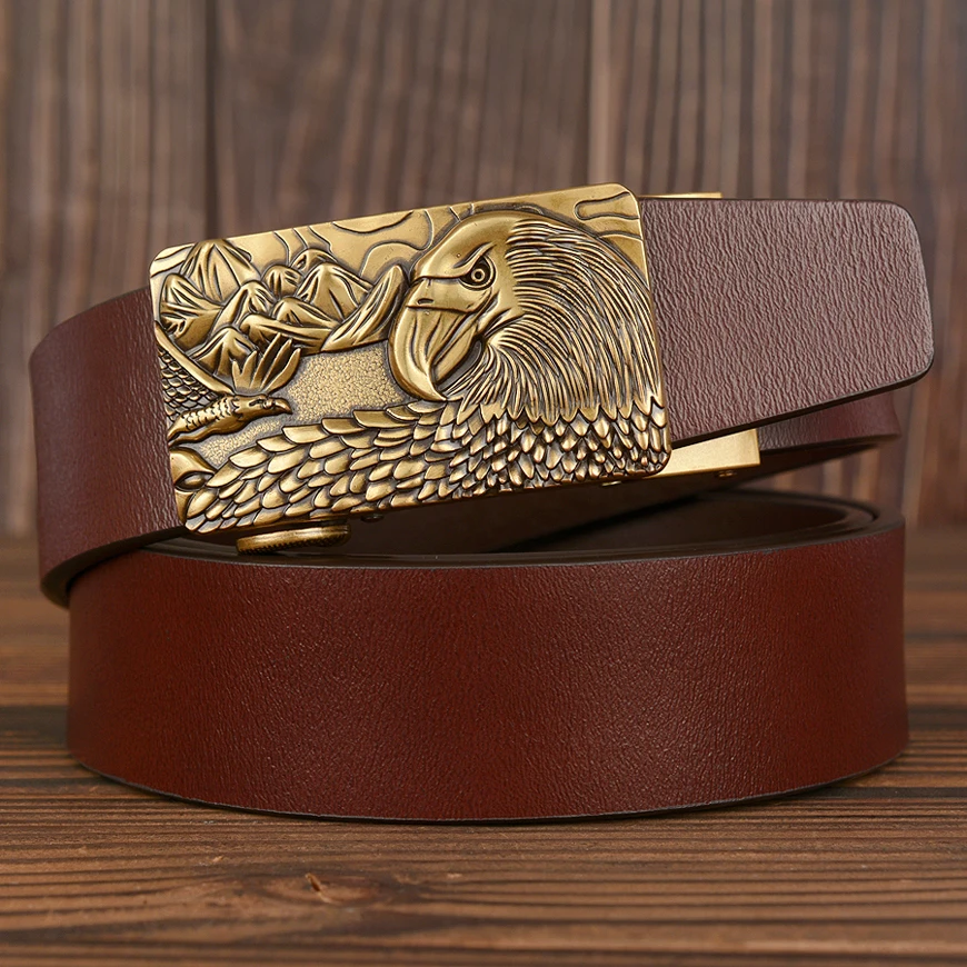 Drop Shipping Genuine Leather men Ratchet belts Gold Eagle Automatic Buckle Fashion Luxury Causal Cowskin Dress for | Аксессуары для