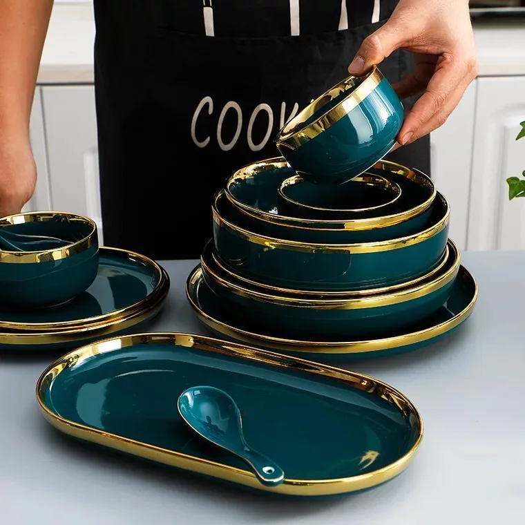

MT Nordic Light luxury golden border ceramic dishes dishes tableware high grade grandmother green household dishes steak plate