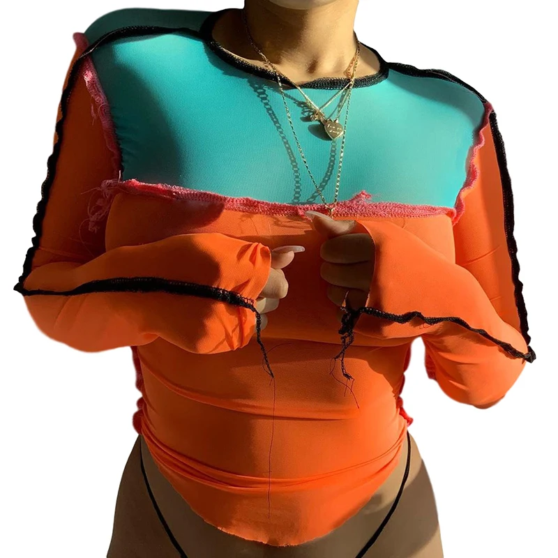 

exy Mesh Sheer T-shirts Women Splice Slim Tee Tops Transparent Long Sleeve t shirt 2020 Summer Fashion Streetwear Orange Shirts