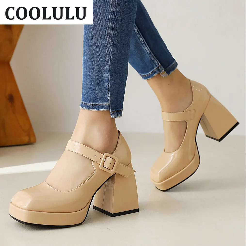 

COOLULU 2022 Women Chunky High Heels Mary Janes Patent Leather Platform Block Heel Pumps Women Shoes Spring Closed Toe Heels