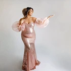 Новинка, блестящие платья для беременных с юбкой-годе, без бретелек, со съемными тюлевыми рукавами и блестками, розовое золото, Одежда для беременных