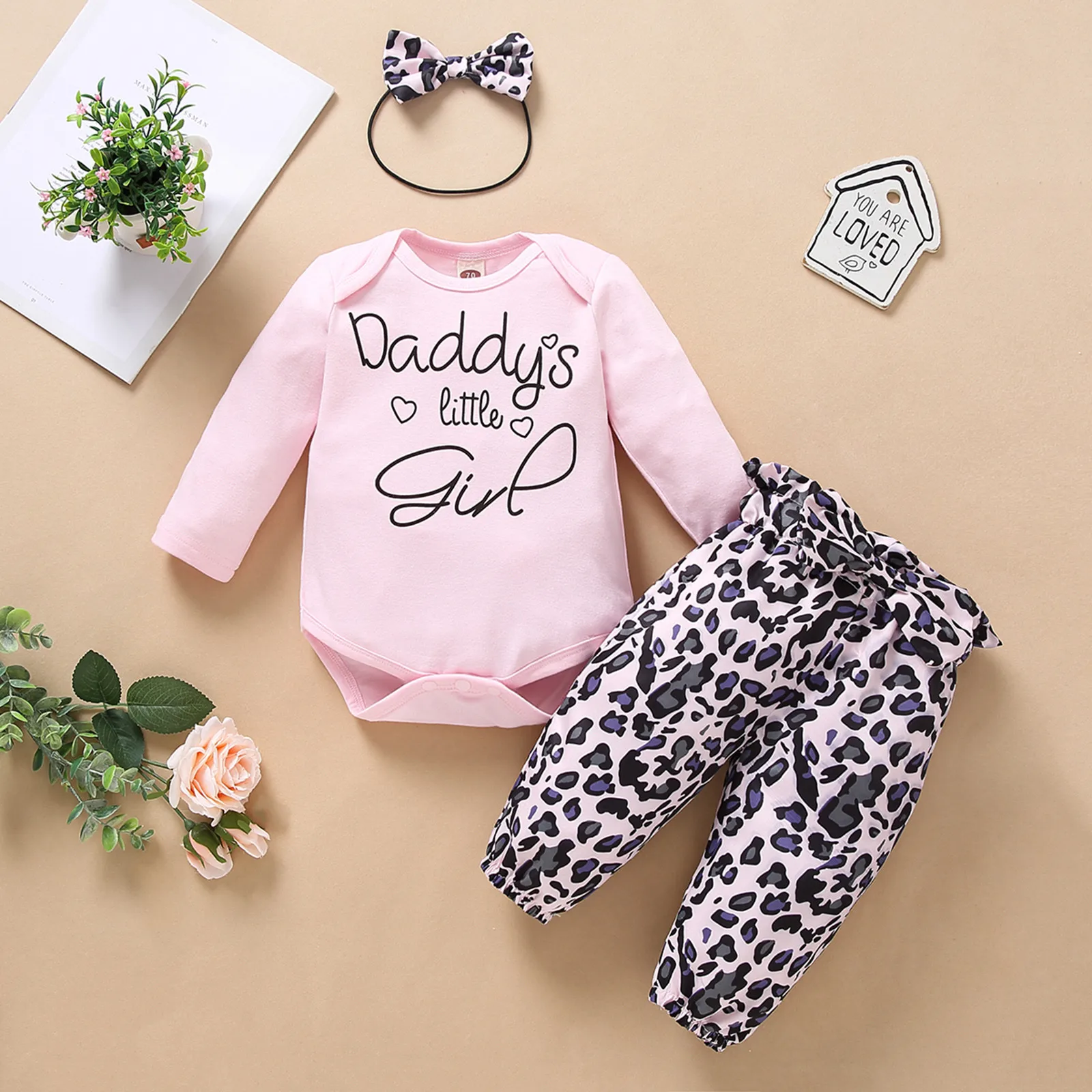 3Pcs Infant Baby Girl’s Clothes Pink Solid Color Long Sleeve Ribbed Romper Jumpsuit and Leopard Trousers with Headband 0M-18M