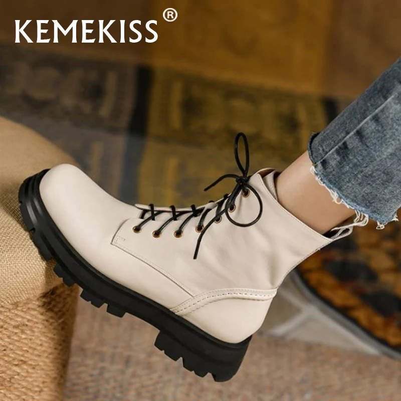 

Kemekiss Genuine Leather Women Shoes Ankle Boots Low Heels Lace Up Fashion Winter Short Boot Cool Ladies Footwear Size 34-40