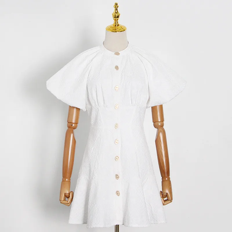

New Fashion 2021 Office Women Summer Dress Stand Puff Short Sleeve Embroidery Button White Casual Mini Dress
