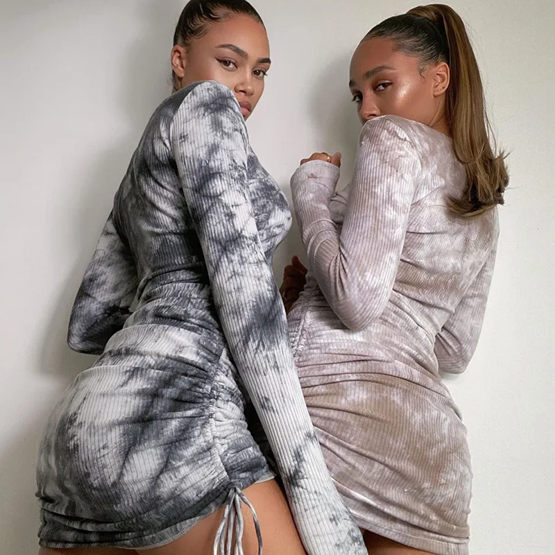 

Skennyee Tie Dye Women's Dress Plus Size Draped Drawstring Mini Long Sleeve Street Casual Fashion Autumn Vestidos Elegantes
